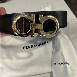 Salvatore Ferragamo Black Leather Belt with Gold Buckle